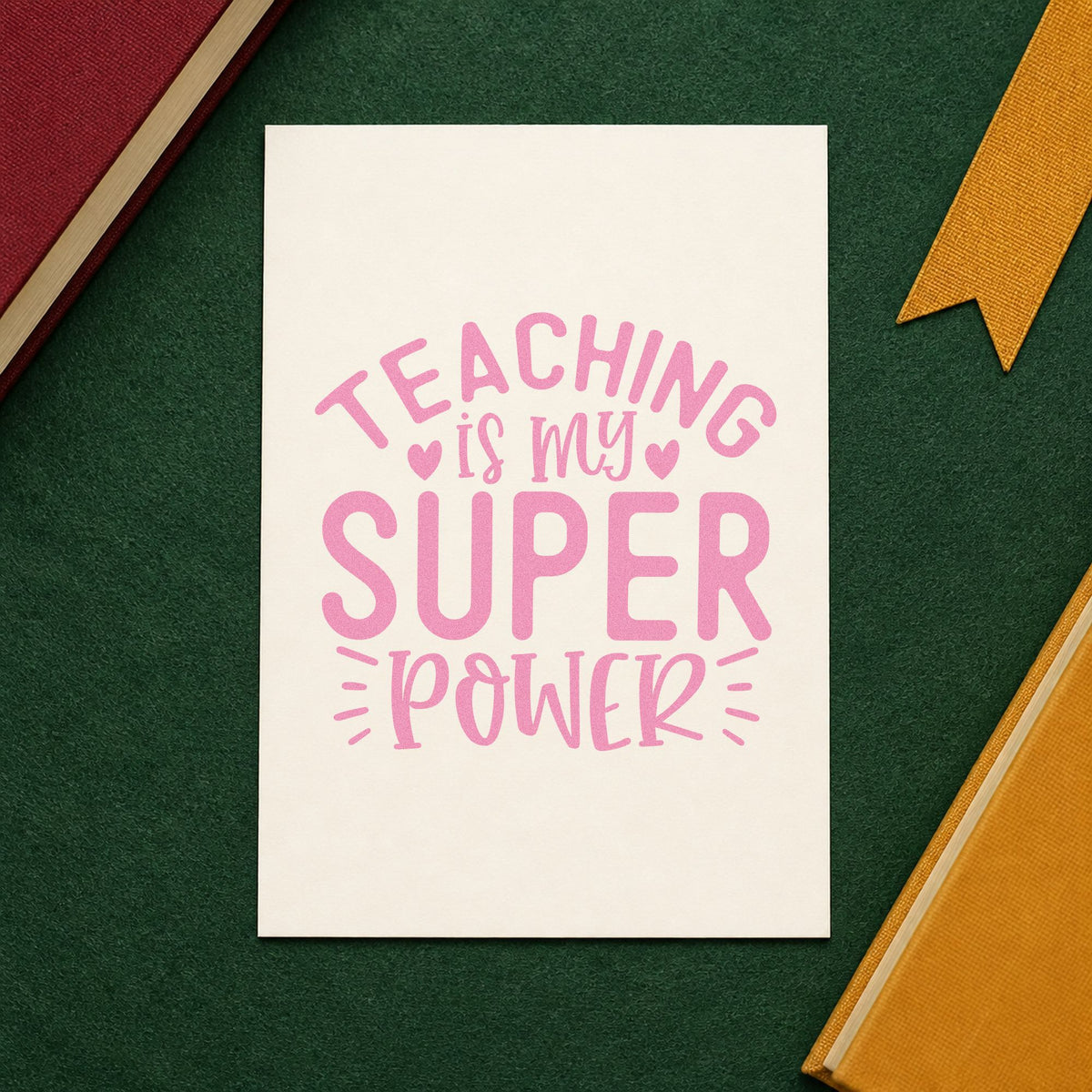 Teaching Is My Super Power craft stamp in purple ink on cardstock, an easy option for nomination tags.