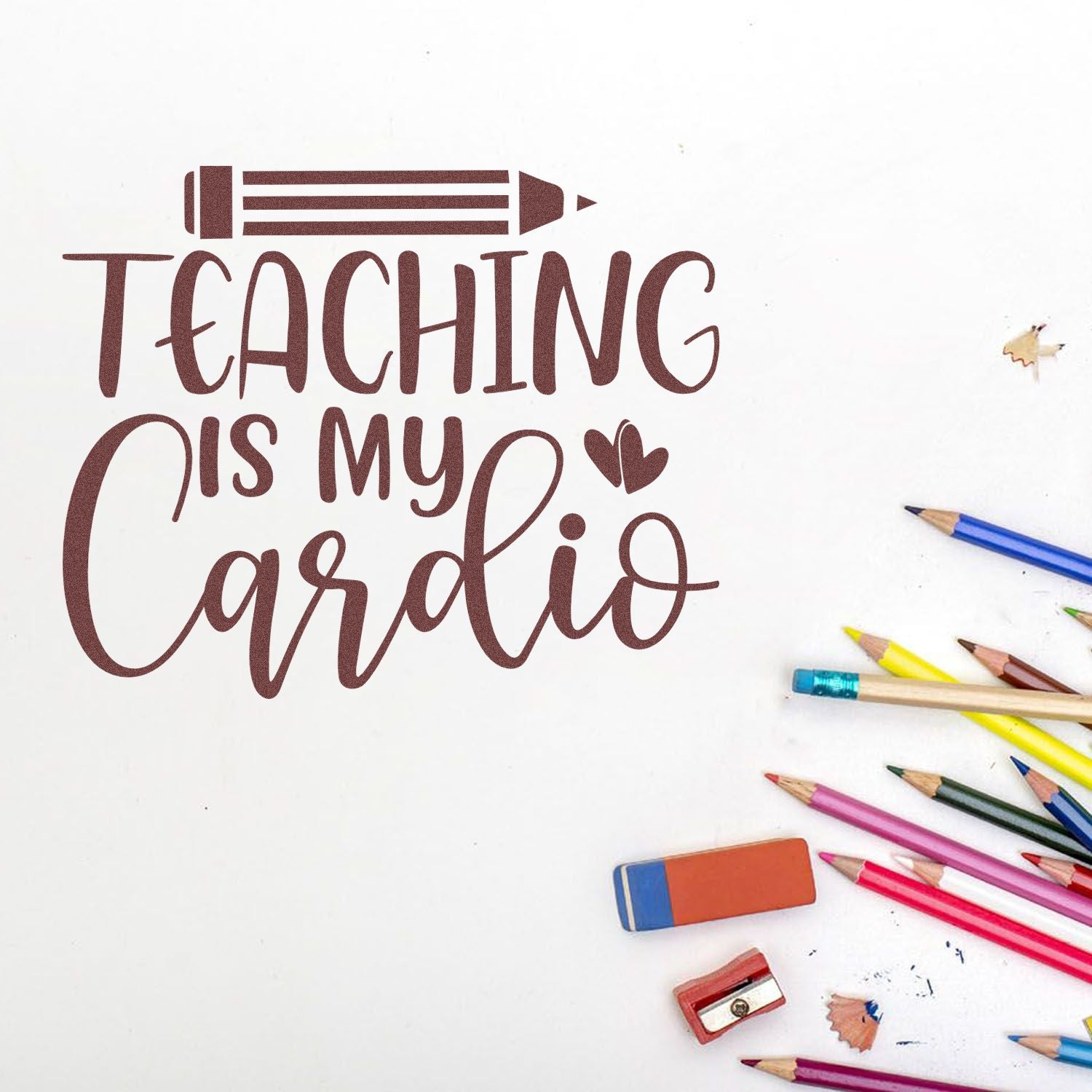 Teaching is my cardio rubber stamp design with pencil icon, ideal for teacher gifts, classroom crafts, and stationery.