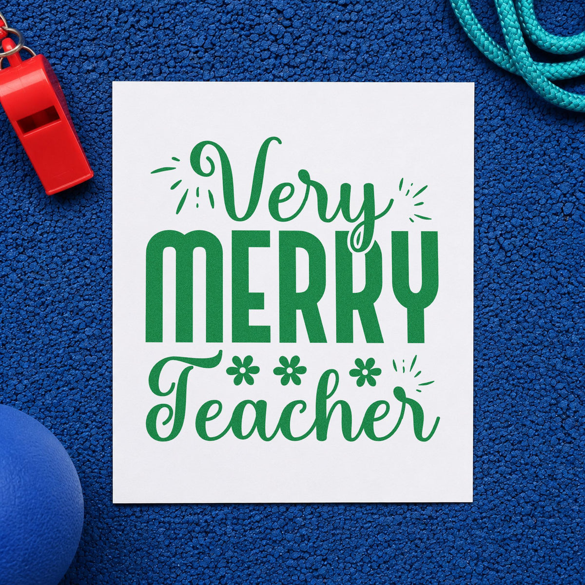 Very Merry Teacher Lettering craft stamp imprint in green ink on a handmade project, one idea being framed hall garland.