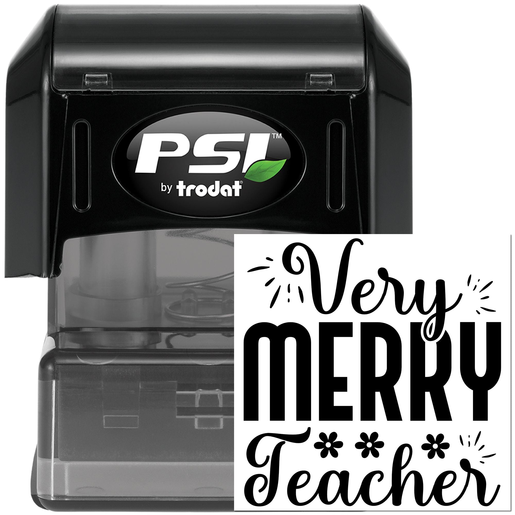 PSI by Trodat self-inking rubber stamp with Very Merry Teacher holiday message for teacher gifts and classroom use