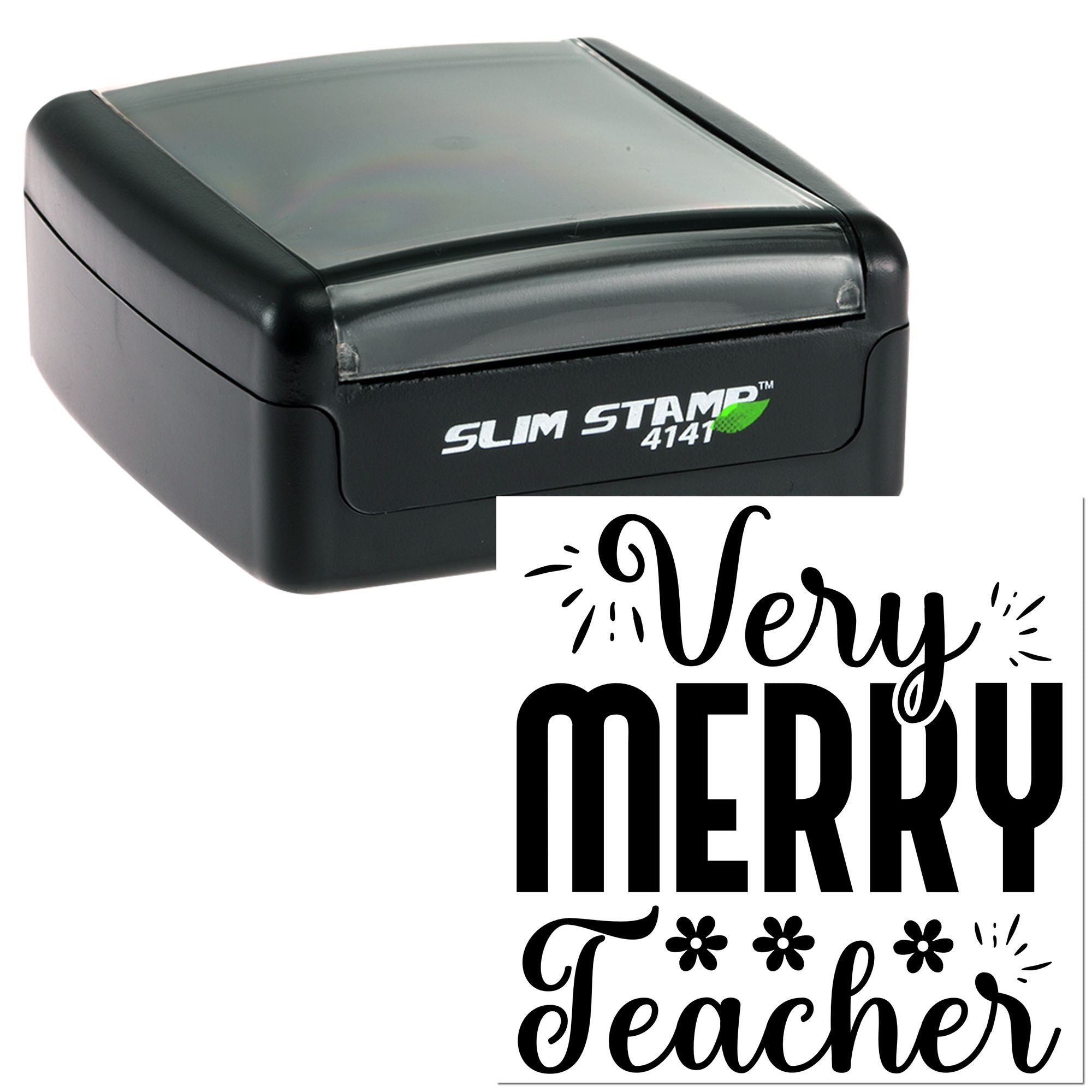 Custom self-inking rubber stamp with Very Merry Teacher design for holiday classroom gifts and teacher appreciation.
