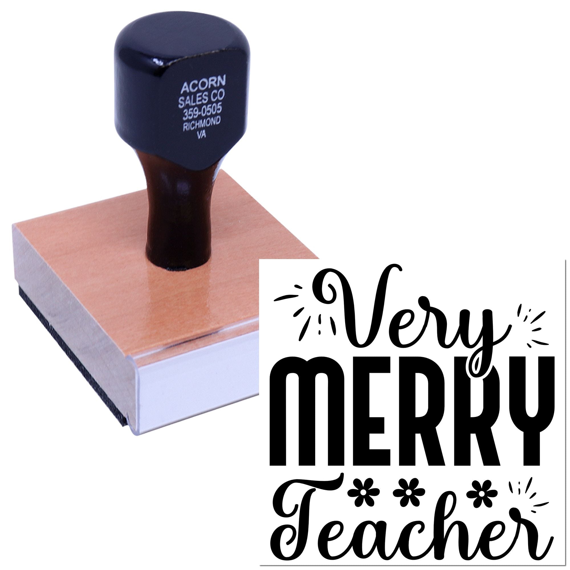 Custom rubber stamp with Very Merry Teacher design for holiday cards, classroom gifts, and teacher appreciation.
