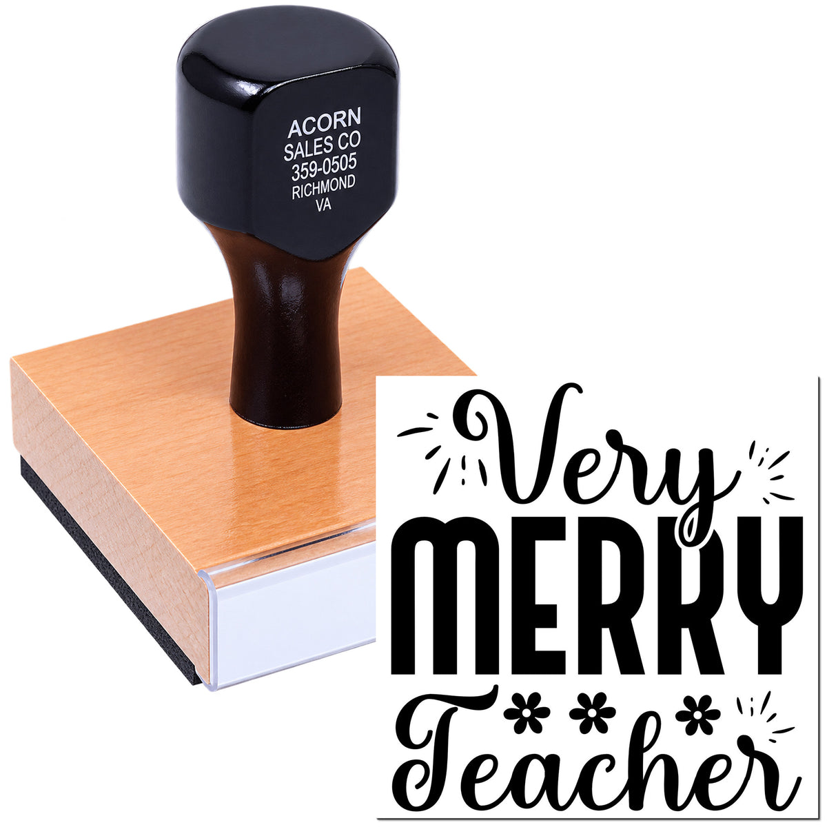 Custom rubber stamp with Very Merry Teacher design for holiday cards, classroom gifts, and teacher appreciation.