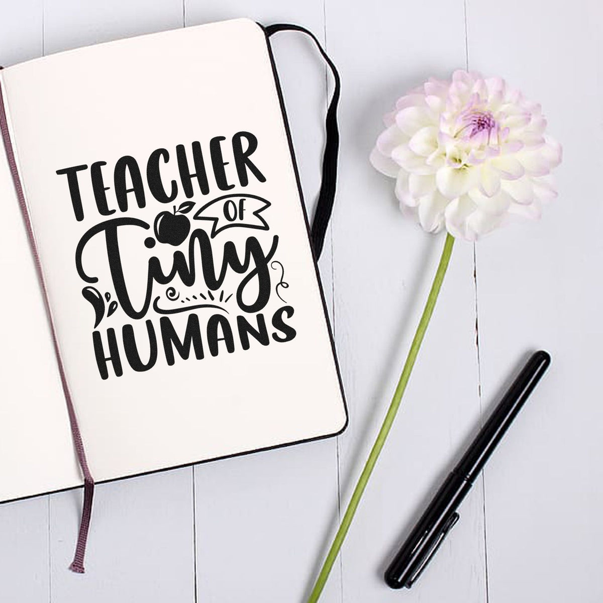 Teacher Of Tiny Humans Apple Premium Wooden Stamp - Vintage Pro imprint stamped in black ink. "Teacher of Tiny Humans" features an apple, a small banner, and ornamental curls.