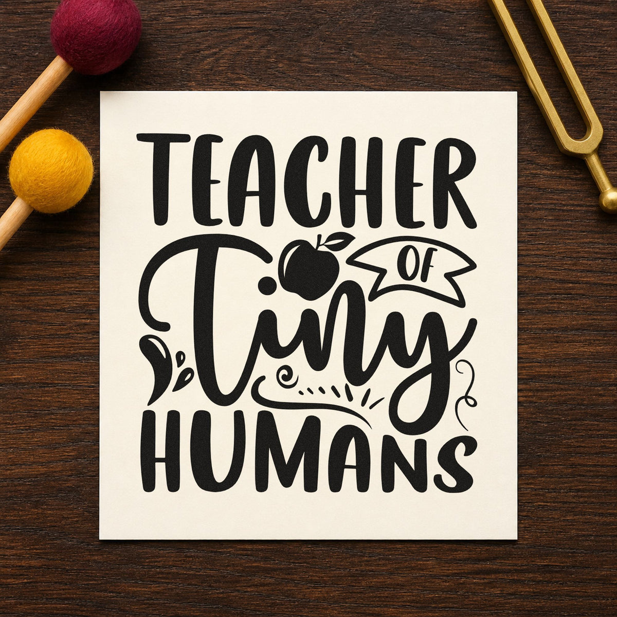 Teacher Of Tiny Humans Apple rubber stamp printed in black ink, ready for small banner cards and similar paper crafts.