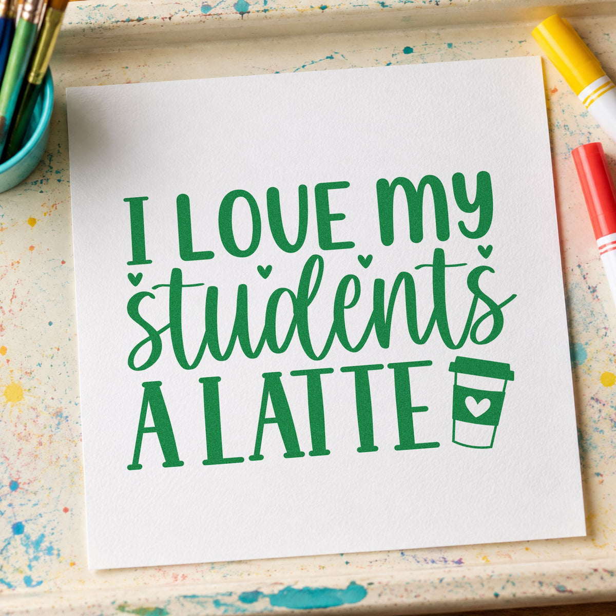 Love Students A Latte craft stamp imprint in green ink on a handmade project, one idea being framed cafe corner.