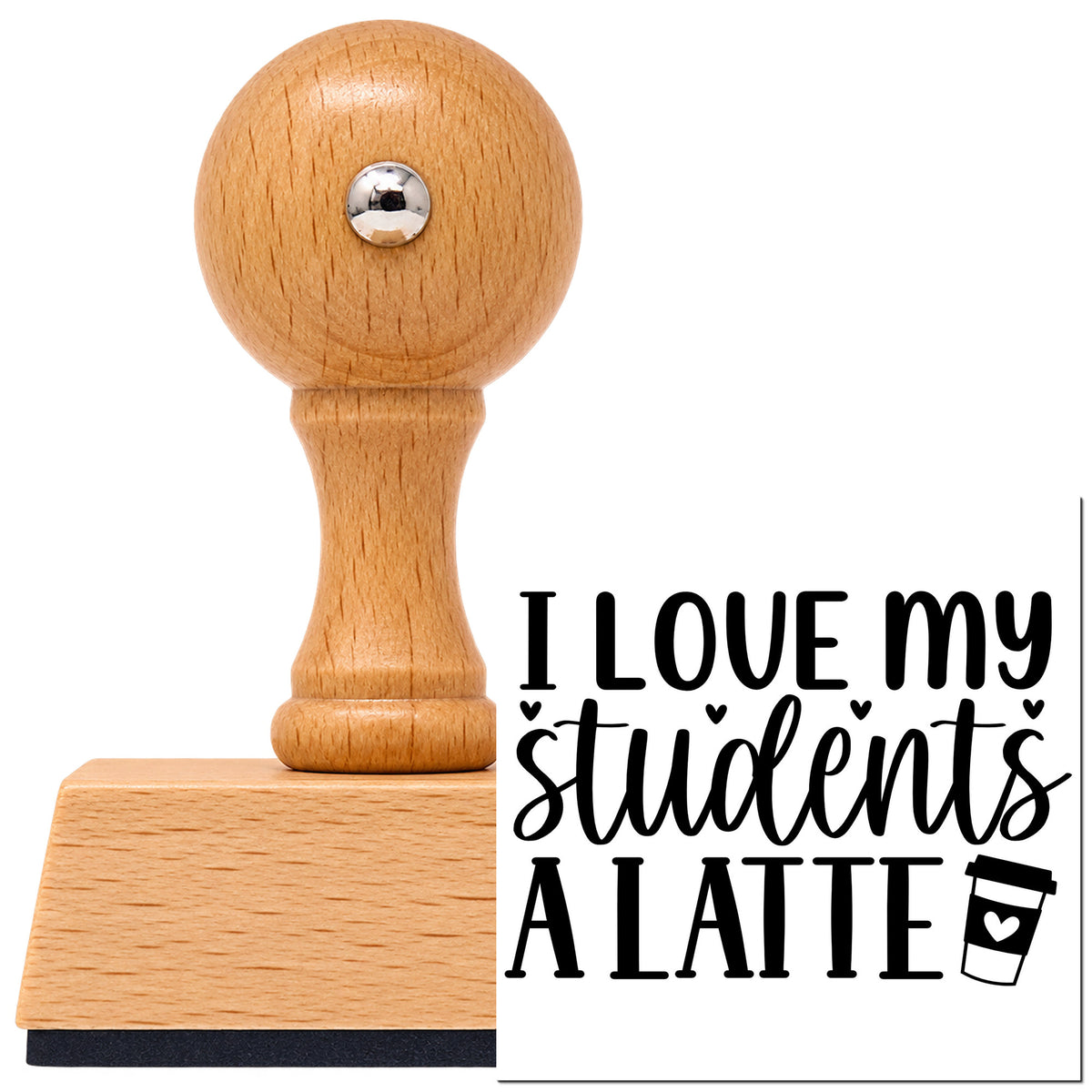 Love Students A Latte Vintage Pro rubber stamp in European beech wood with a round knob handle, shown beside its black imprint.