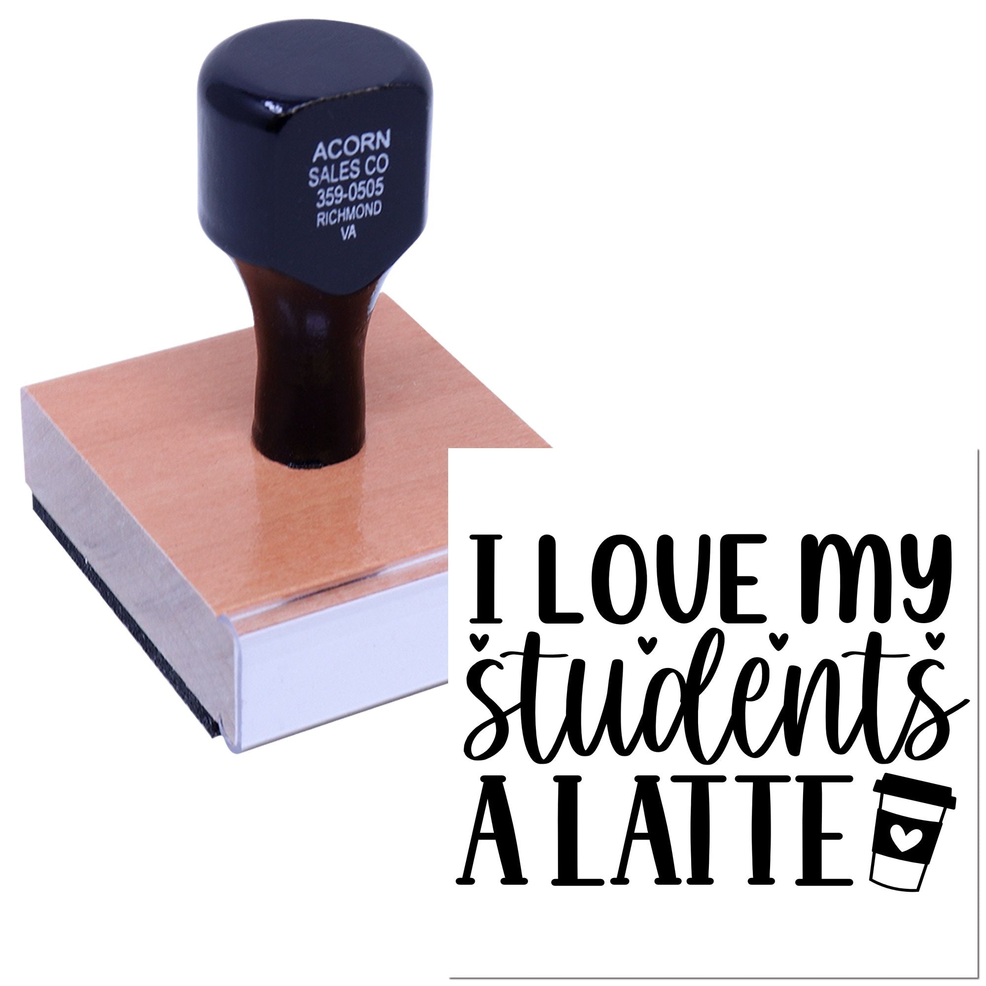 Custom rubber stamp with I love my students a latte design and coffee cup icon, ideal for teacher appreciation gifts.