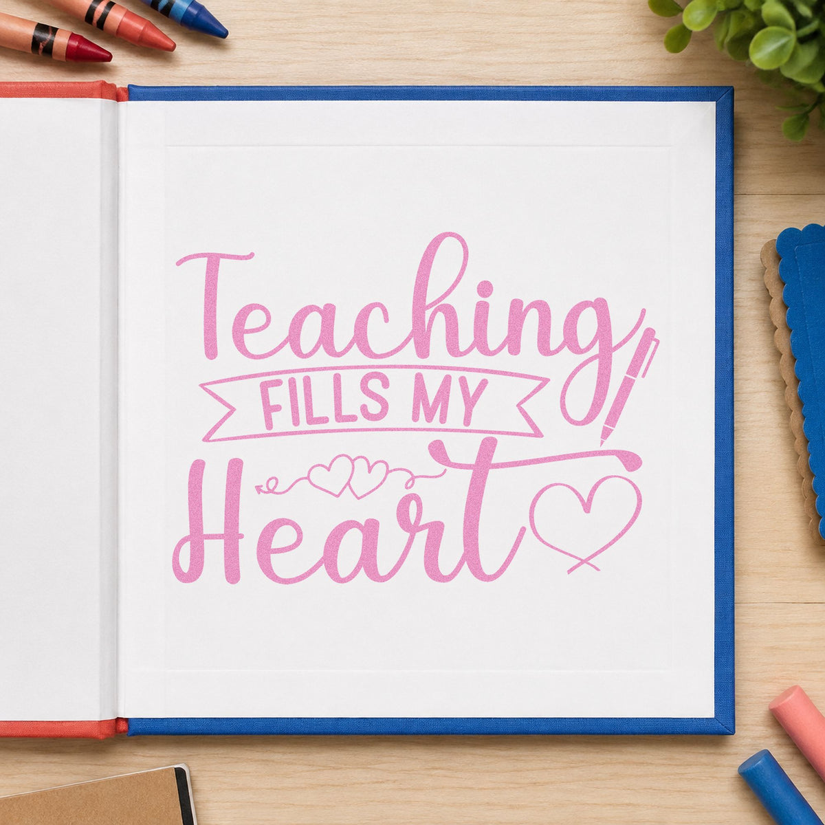 Teaching Fills My Heart craft stamp in purple ink on cardstock, an easy option for gratitude jar tags.