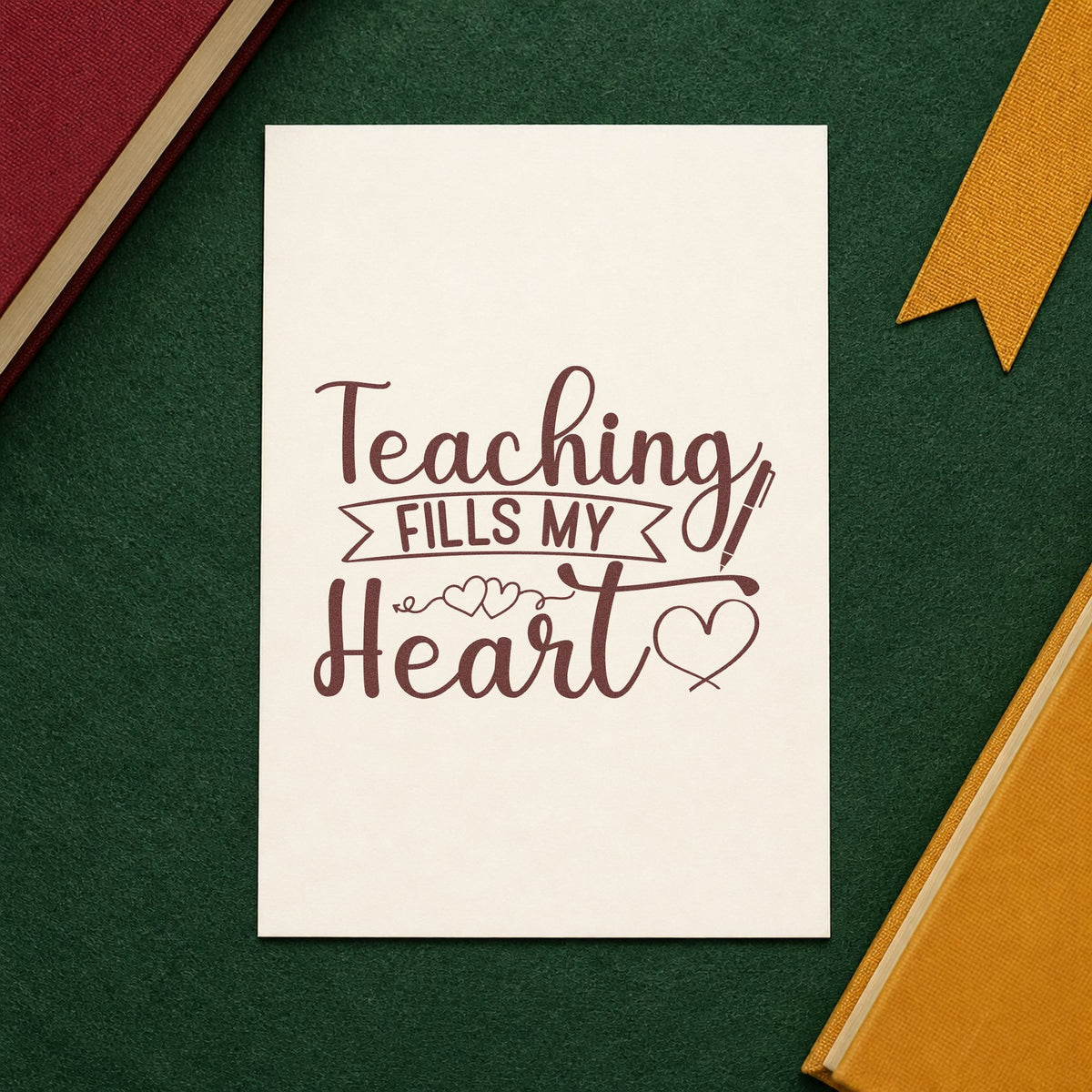 Teaching Fills My Heart rubber stamp printed in brown ink, ready for treat tin labels and similar paper crafts.