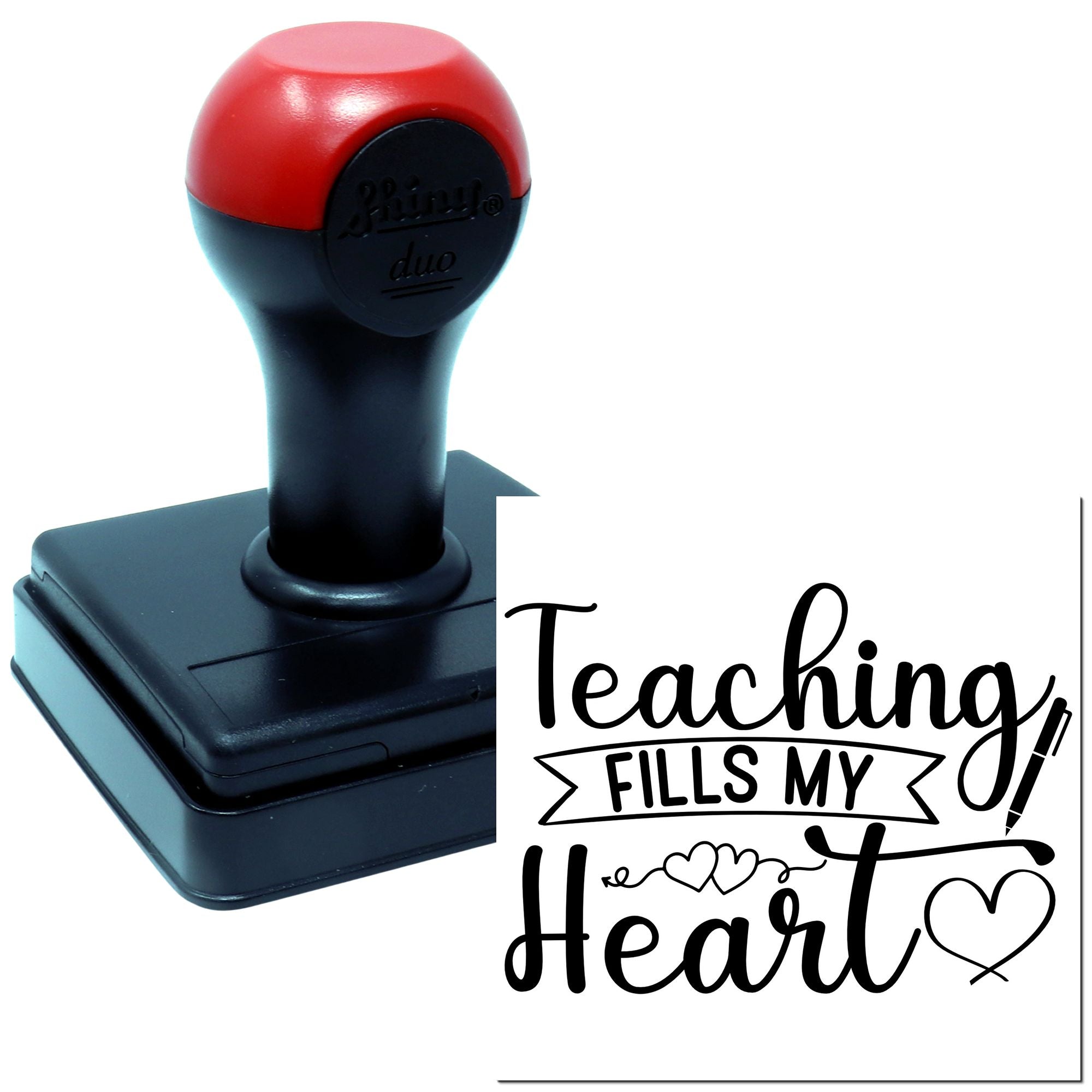 Teacher appreciation rubber stamp with Teaching Fills My Heart design, shown in a self-inking stamp for classroom use.