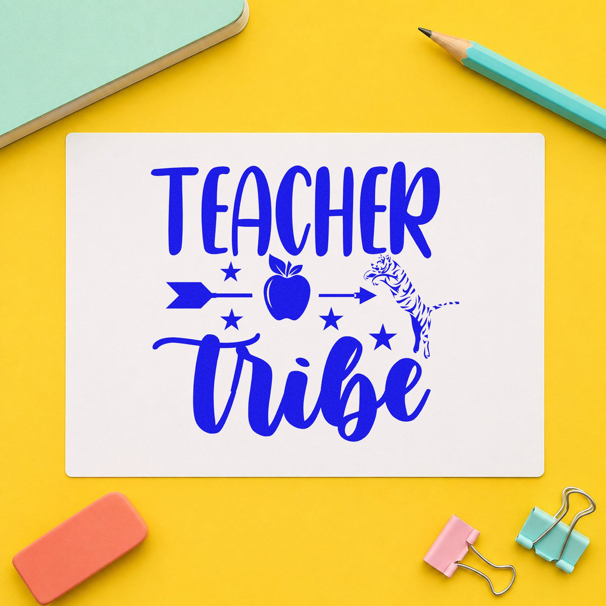 Teacher Tribe Arrow Apple craft stamp imprinted in blue ink on paper, a design suited to den kit seals.