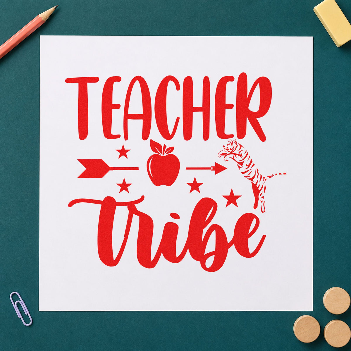 Teacher Tribe Arrow Apple rubber stamp shown in red ink, stamped for projects such as camp night notes.