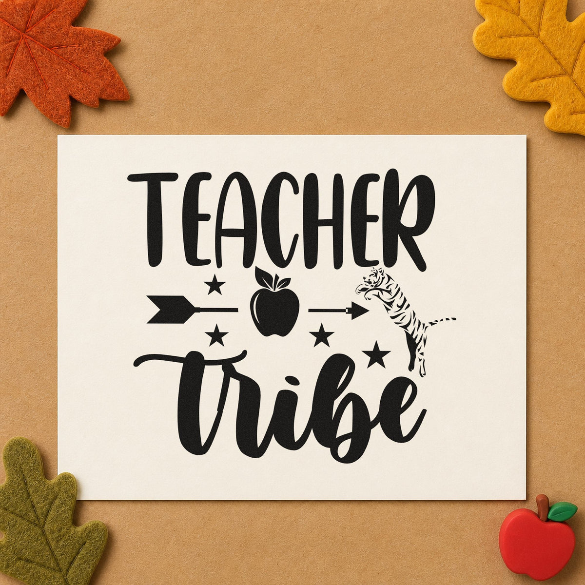 Teacher Tribe Arrow Apple rubber stamp printed in black ink, ready for patterned feather cards and similar paper crafts.