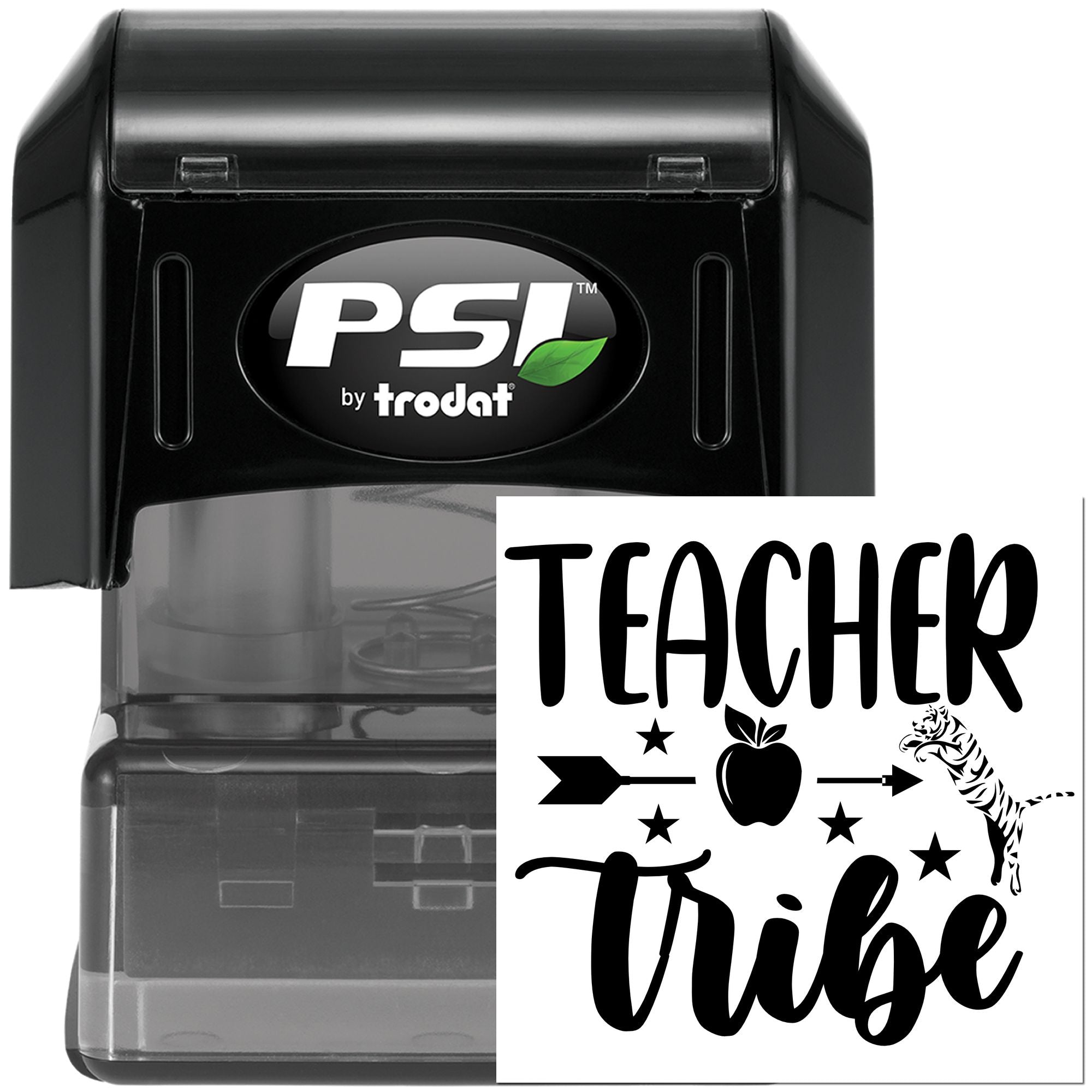 PSI by Trodat self-inking teacher rubber stamp with Teacher Tribe design for classroom use and custom stamping.