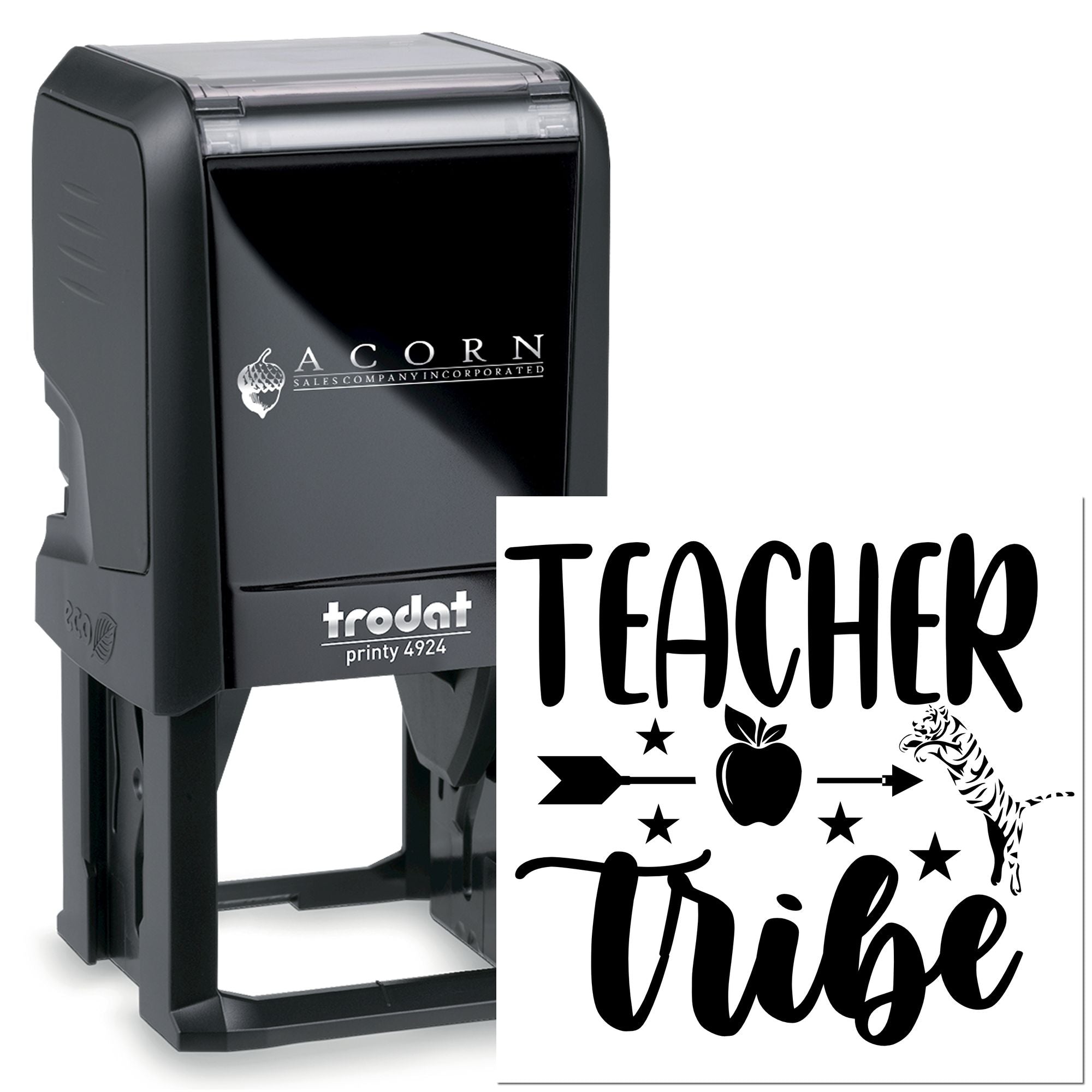 Custom self-inking teacher rubber stamp with Teacher Tribe design for classroom rewards and personalized school crafts.