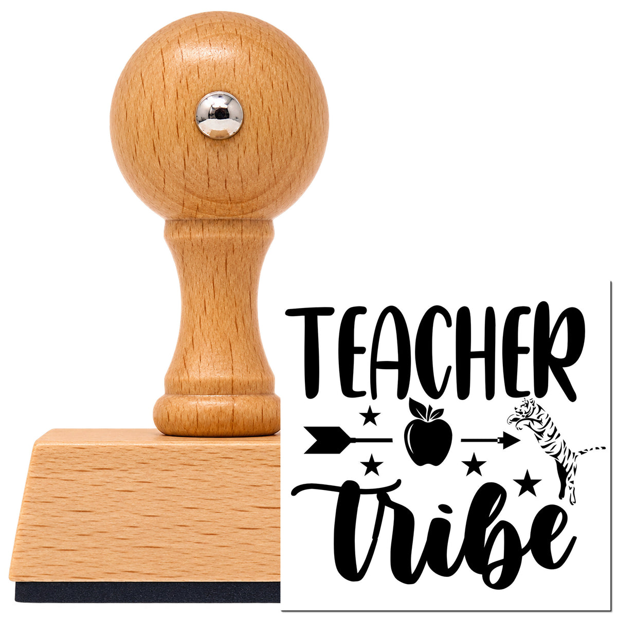 Teacher Tribe Arrow Apple With Stars Vintage Pro rubber stamp in European beech wood with a round knob handle, shown beside its black imprint.