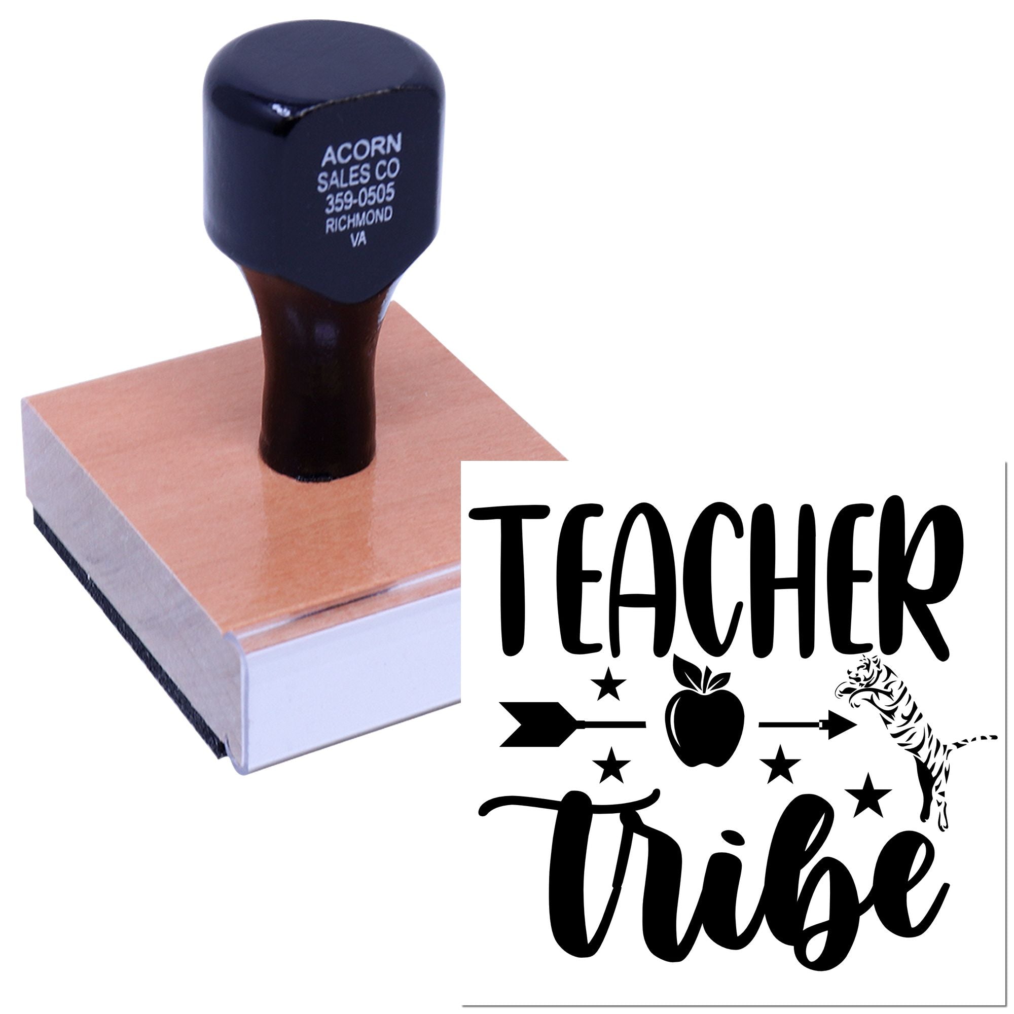 Personalized Teacher Tribe rubber stamp with apple, arrow and tiger design for classroom rewards and teacher gifts.