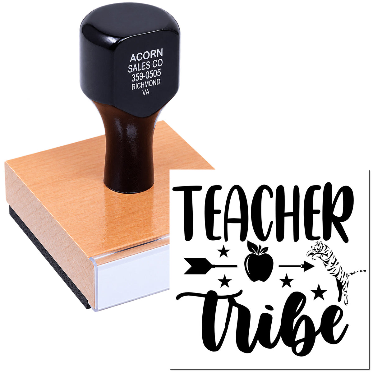Personalized Teacher Tribe rubber stamp with apple, arrow and tiger design for classroom rewards and teacher gifts.