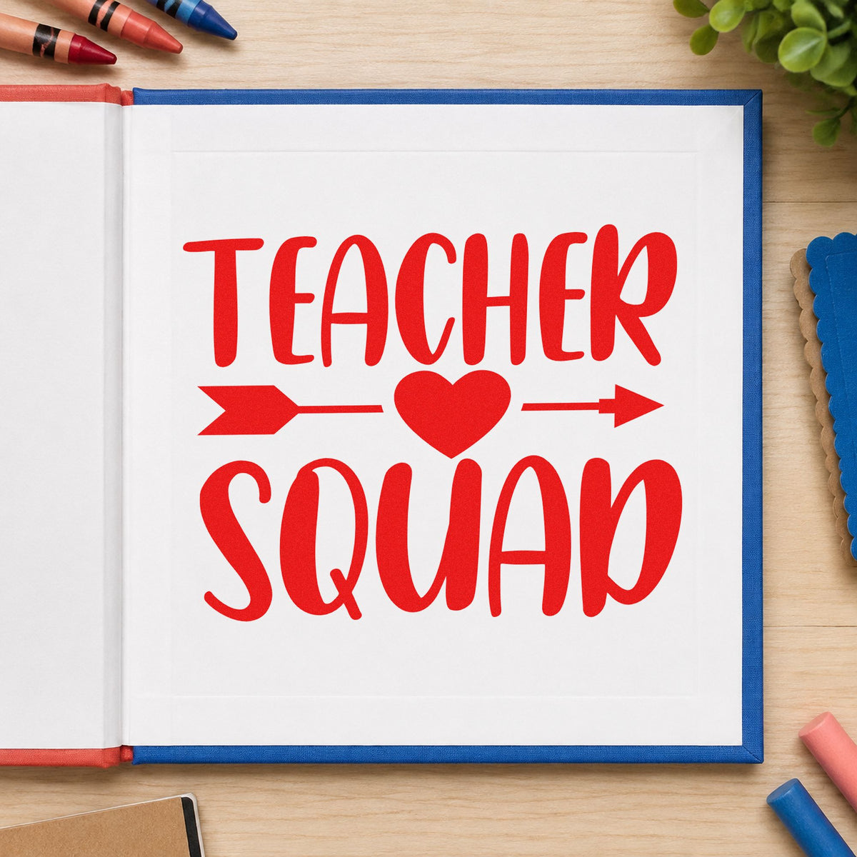 Teacher Squad Heart Arrow rubber stamp shown in red ink, stamped for projects such as merger week notes.