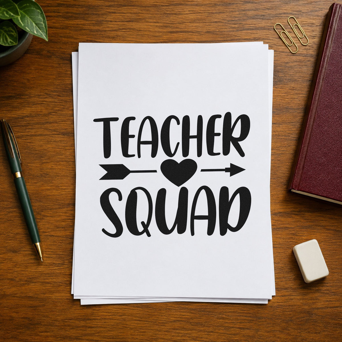 Teacher Squad Heart Arrow rubber stamp printed in black ink, ready for heart arrow cards and similar paper crafts.