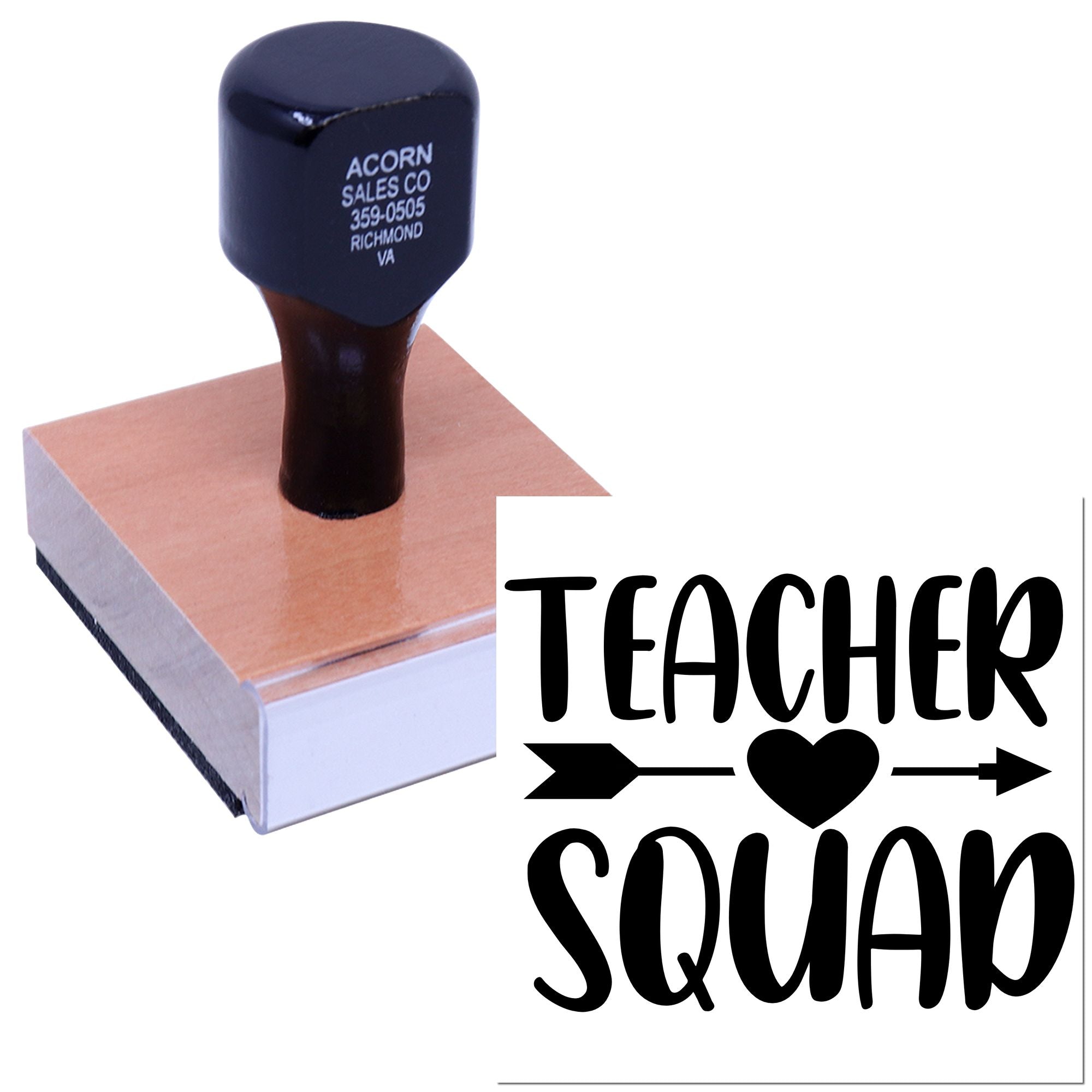 Custom Teacher Squad rubber stamp with heart and arrows for classroom rewards, teacher gifts, and craft projects.