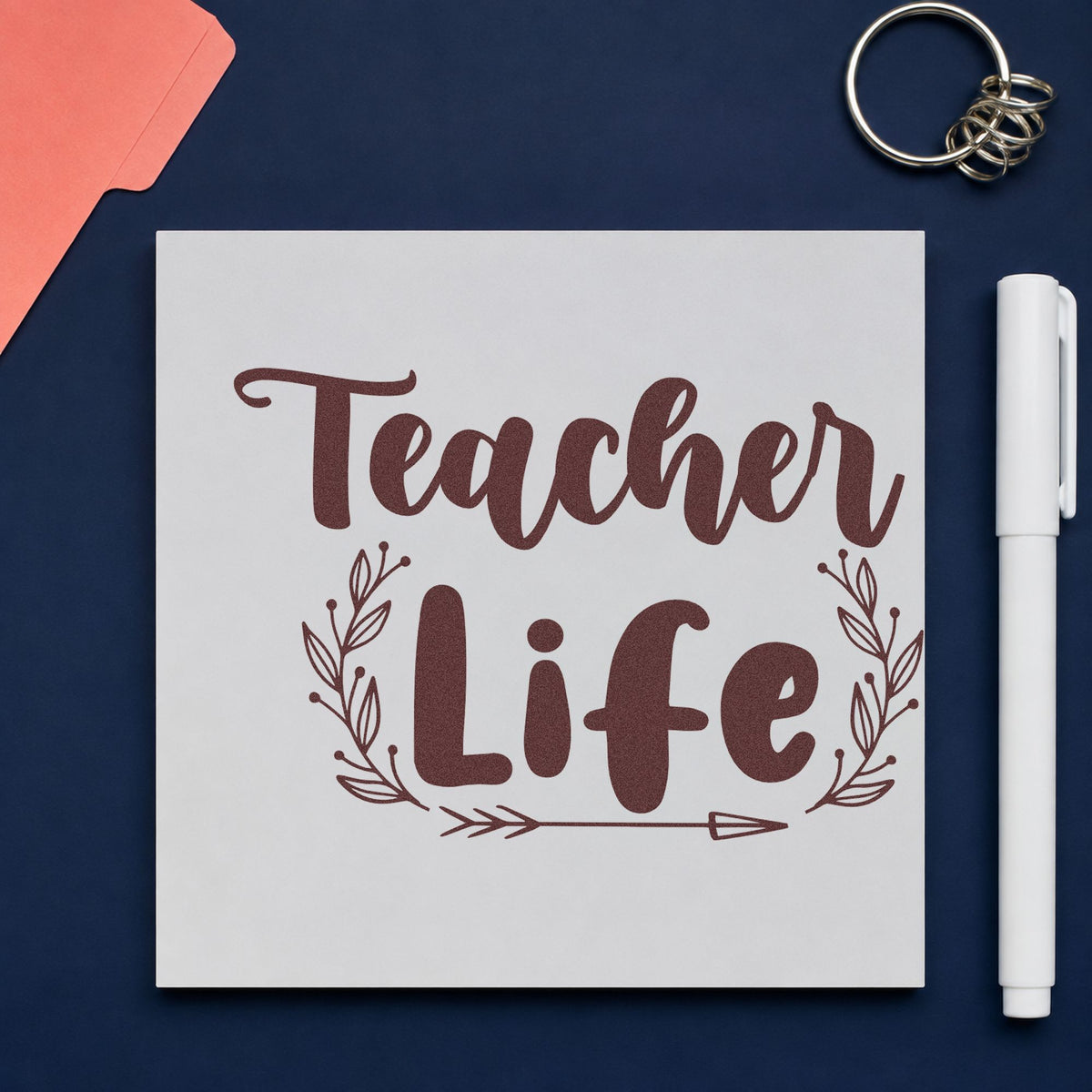 Teacher Life Leafy Frame rubber stamp printed in brown ink, ready for terracotta labels and similar paper crafts.