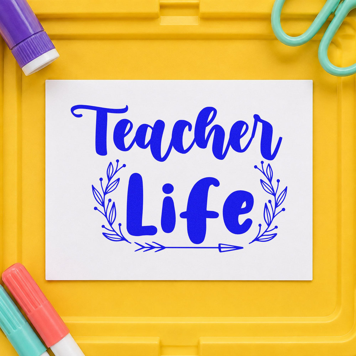 Teacher Life Leafy Frame craft stamp in blue ink on cardstock, an easy option for tote base panels.