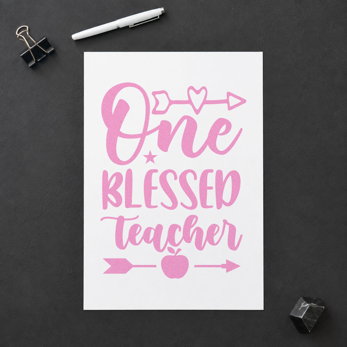 One Blessed Teacher Arrows craft stamp in purple ink on cardstock, an easy option for harvest box tags.