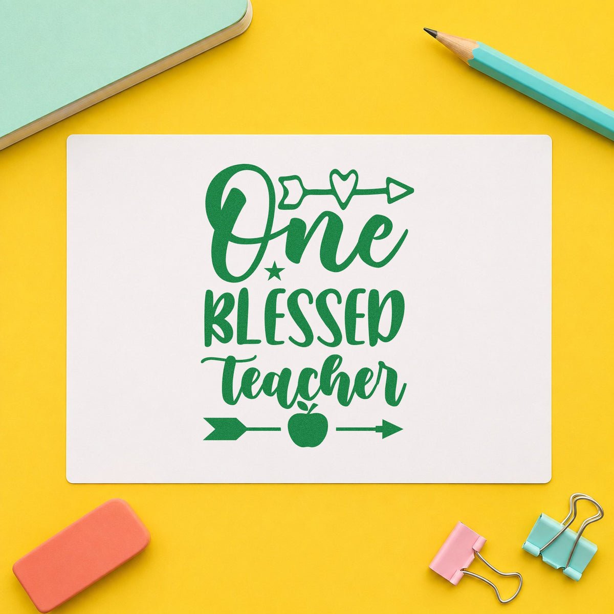 One Blessed Teacher Arrows craft stamp imprint in green ink on a handmade project, one idea being blessing list pages.