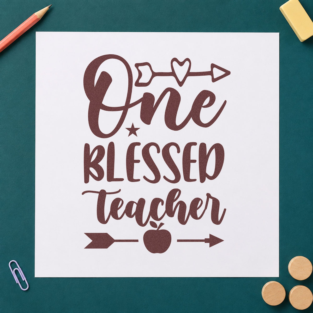 One Blessed Teacher Arrows rubber stamp printed in brown ink, ready for produce crate labels and similar paper crafts.