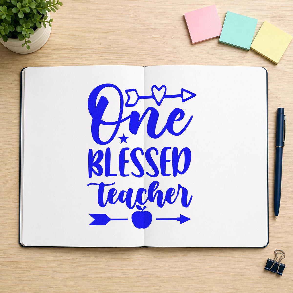 One Blessed Teacher Arrows craft stamp in blue ink on cardstock, an easy option for altar cloth panels.