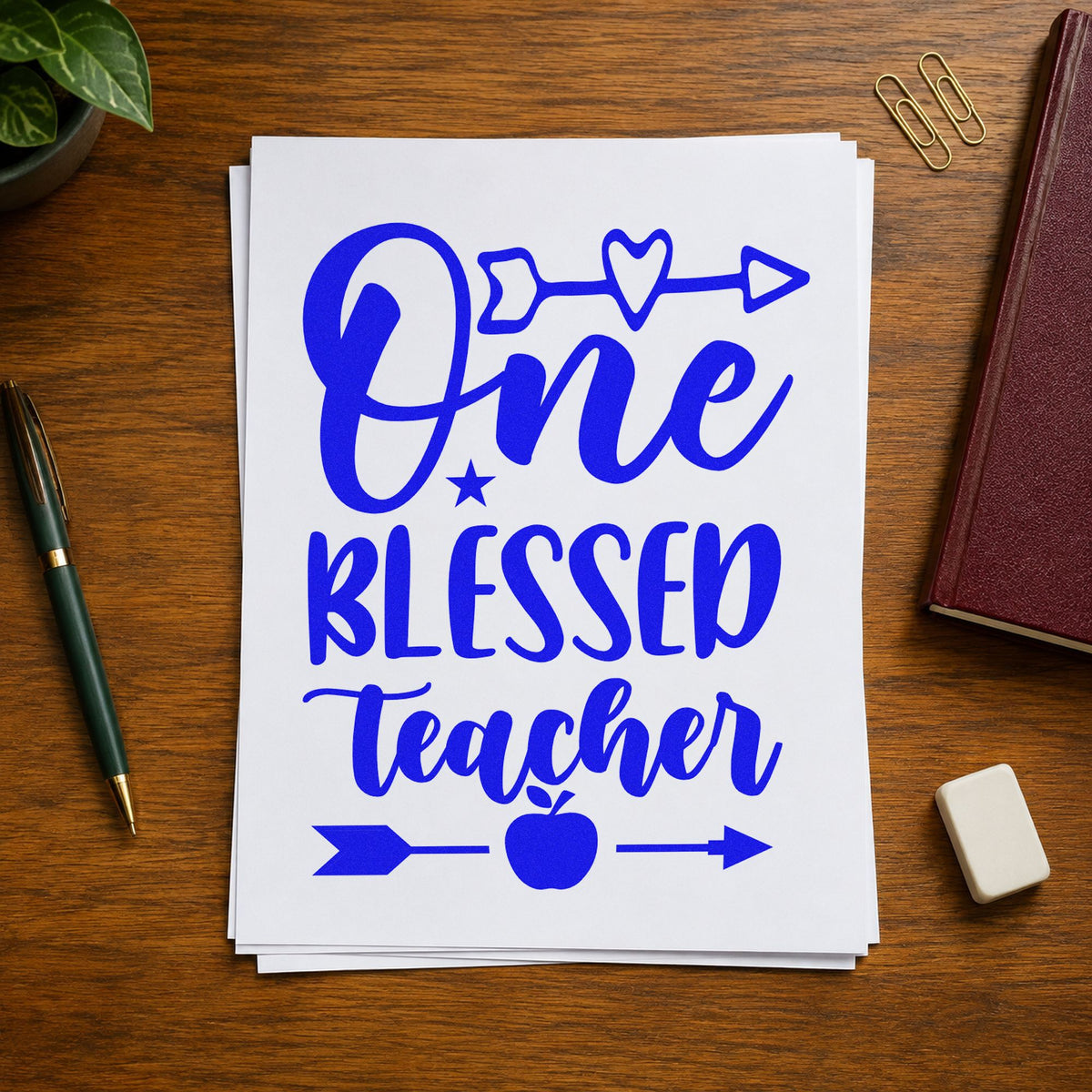 One Blessed Teacher Arrows craft stamp imprinted in blue ink on paper, a design suited to collection seals.