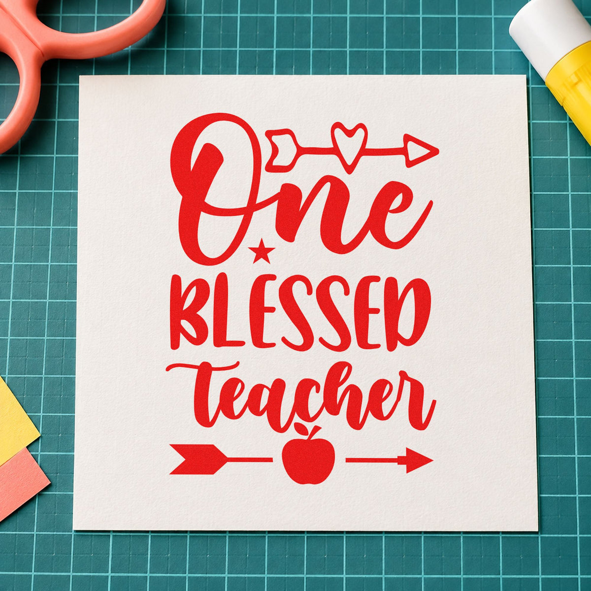 One Blessed Teacher Arrows rubber stamp shown in red ink, stamped for projects such as thanksgiving notes.