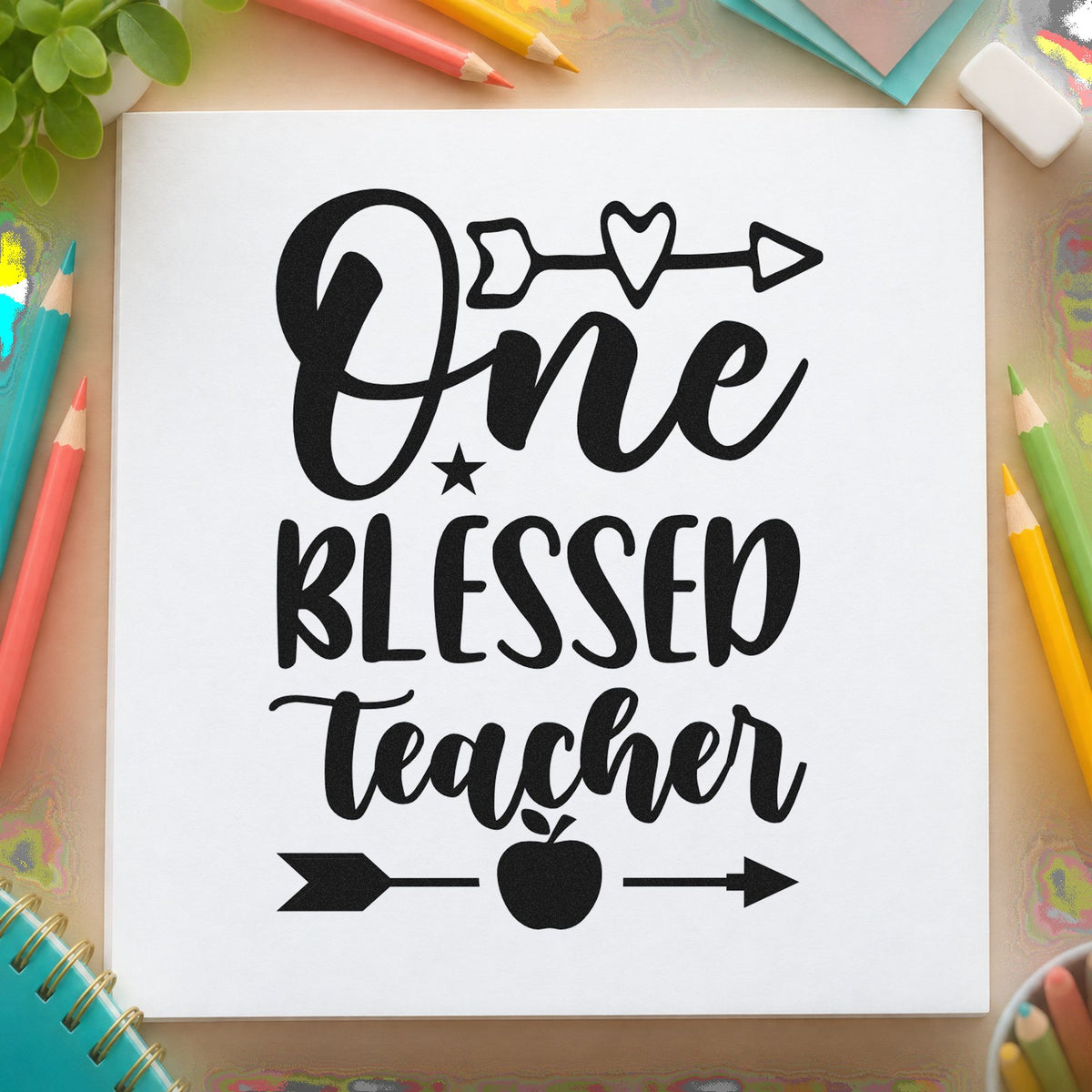 One Blessed Teacher Arrows rubber stamp printed in black ink, ready for arrows stars cards and similar paper crafts.