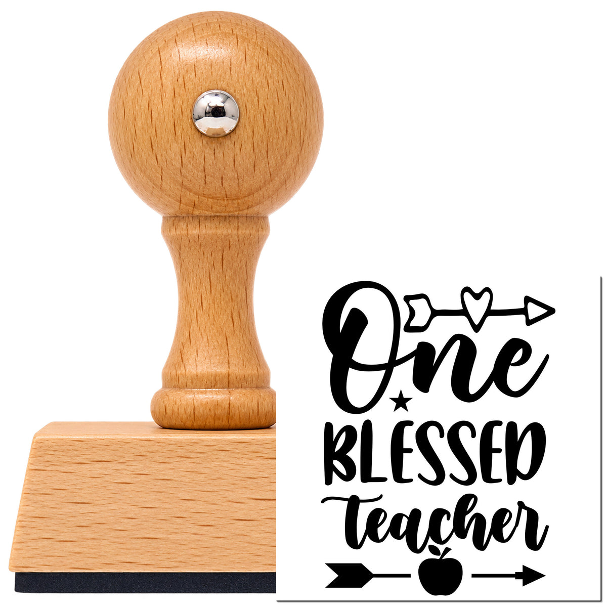 One Blessed Teacher Arrows Vintage Pro rubber stamp in European beech wood with a round knob handle, shown beside its black imprint.