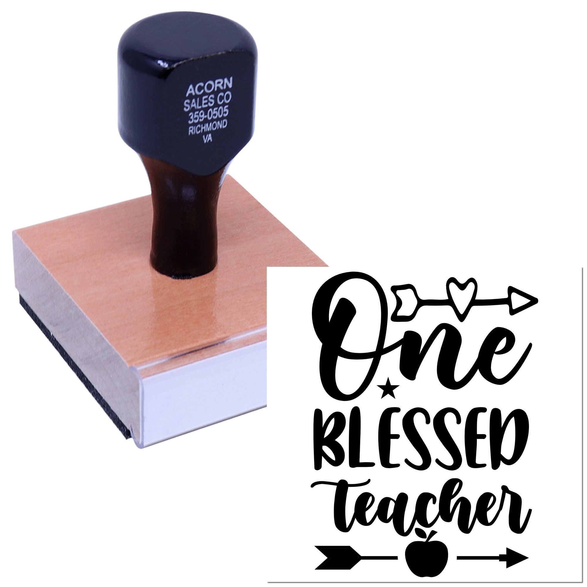 Custom wood handle rubber stamp with One Blessed Teacher design for teacher gifts, classroom crafts, and personalized stamping.