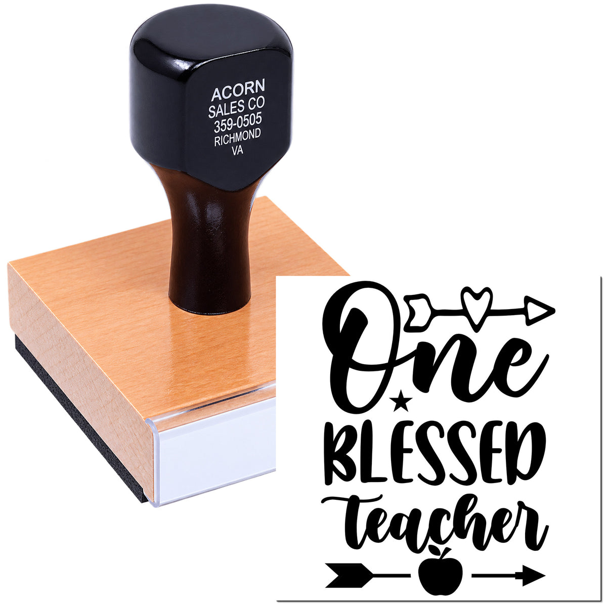 Custom wood handle rubber stamp with One Blessed Teacher design for teacher gifts, classroom crafts, and personalized stamping.