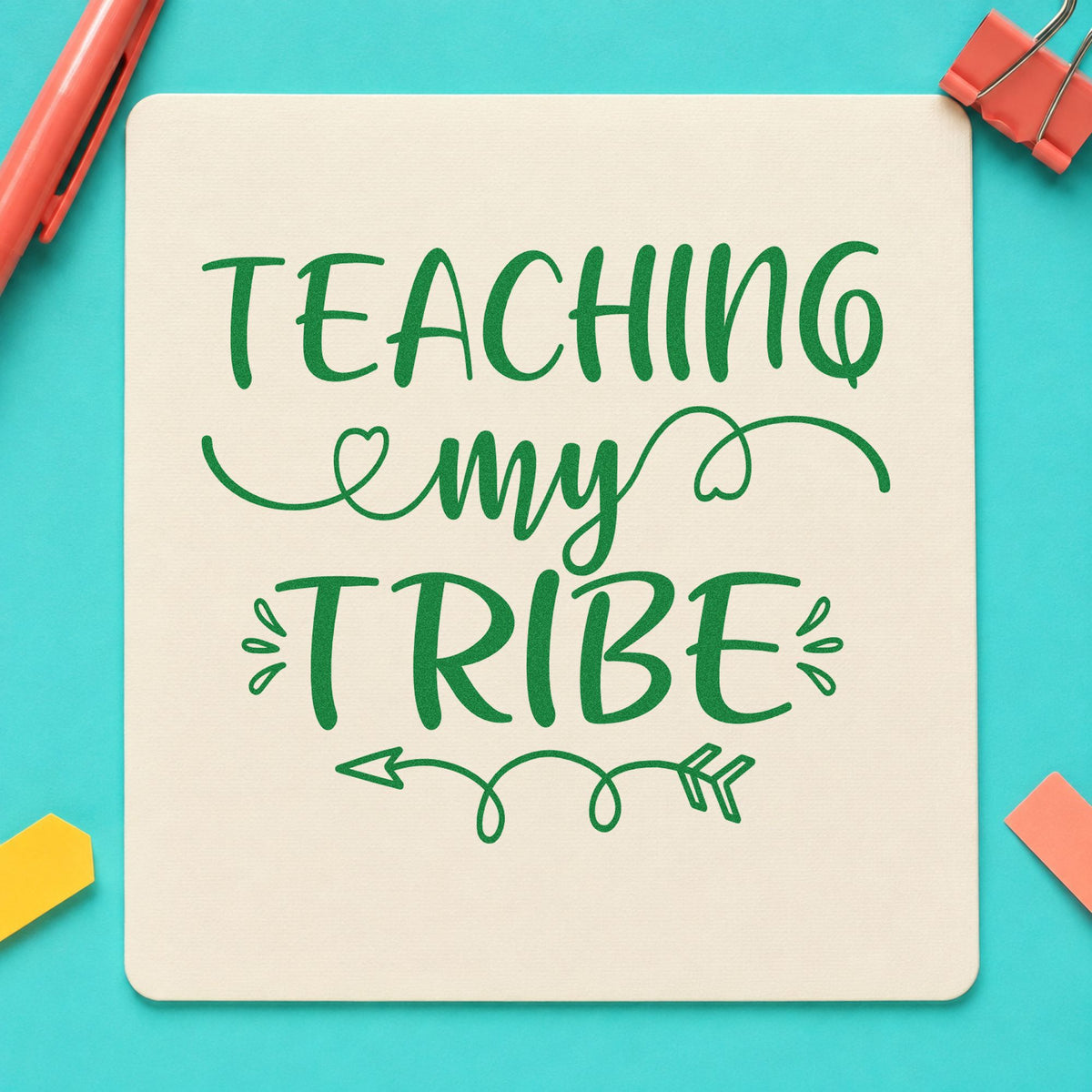 Teaching My Tribe Flourishes craft stamp imprint in green ink on a handmade project, one idea being score board pages.