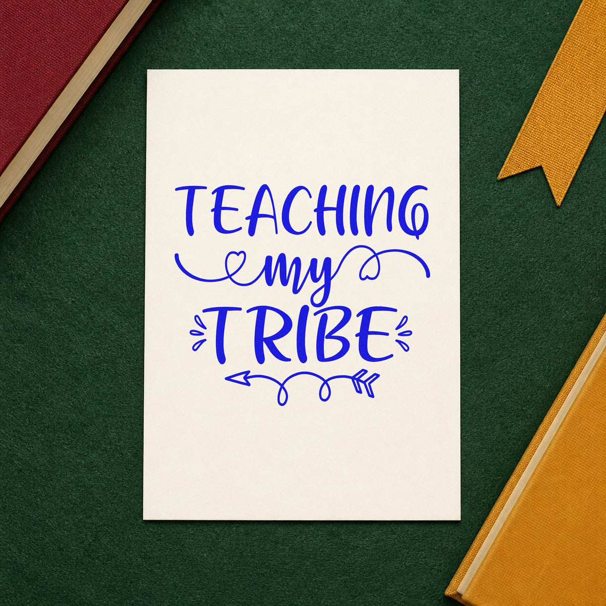 Teaching My Tribe Flourishes craft stamp imprinted in blue ink on paper, a design suited to charter pack seals.