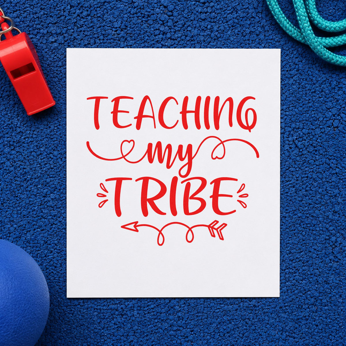 Teaching My Tribe Flourishes rubber stamp shown in red ink, stamped for projects such as house day notes.