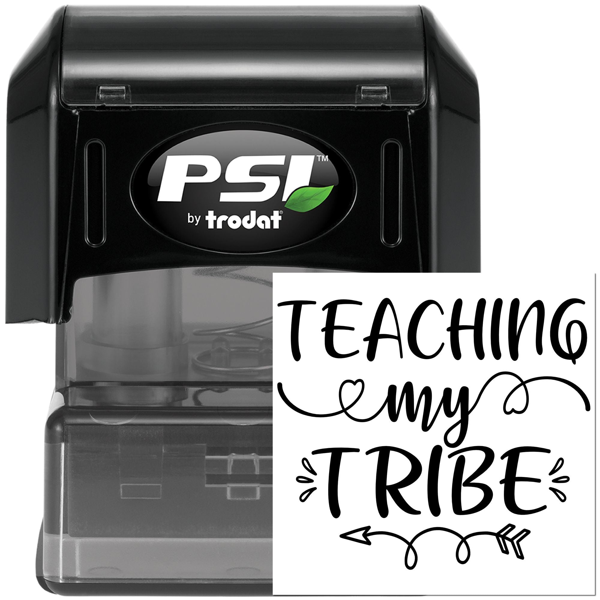 PSI by Trodat self-inking rubber stamp with Teaching My Tribe teacher design for classroom marking.