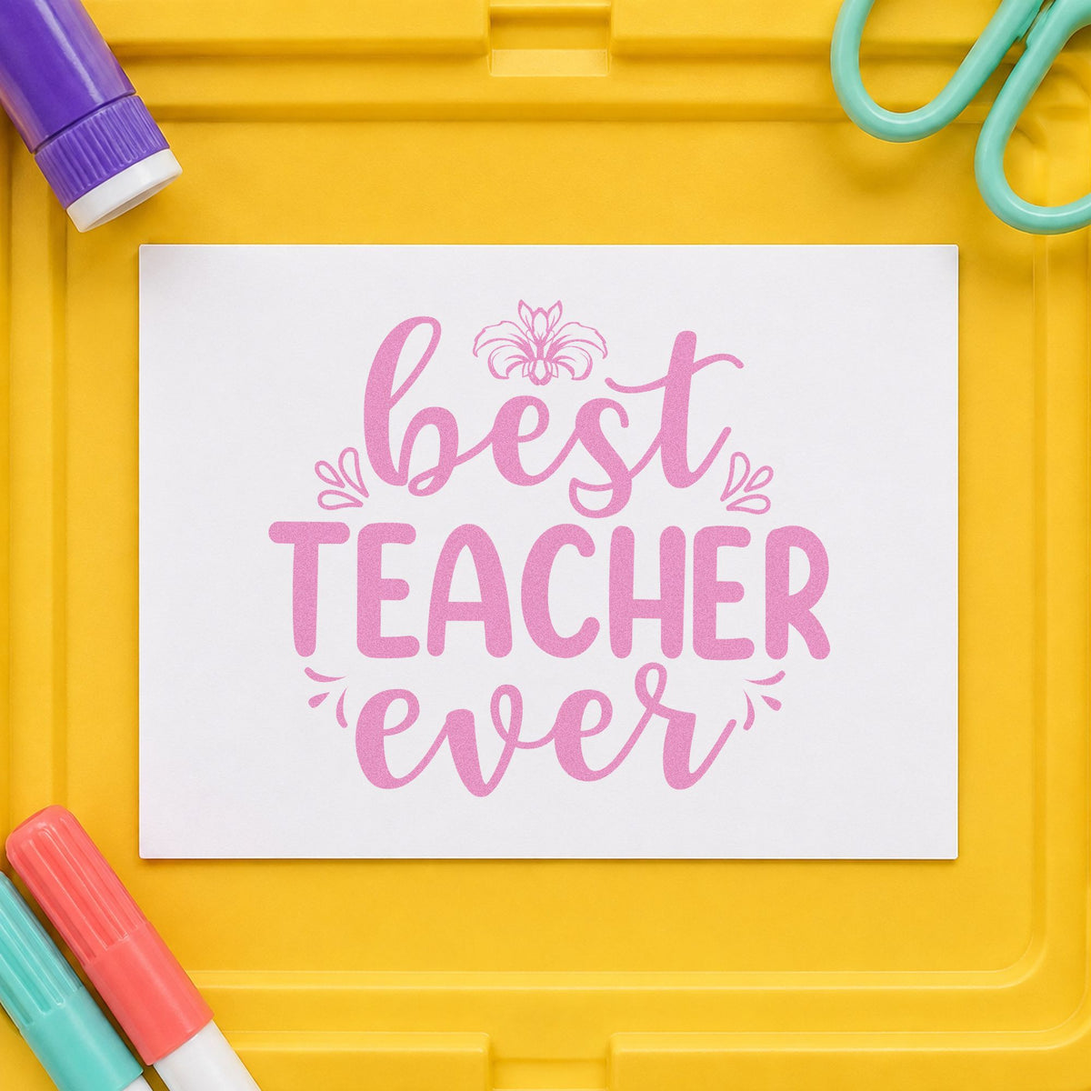 Best Teacher Ever Floral craft stamp in purple ink on cardstock, an easy option for posy gift tags.