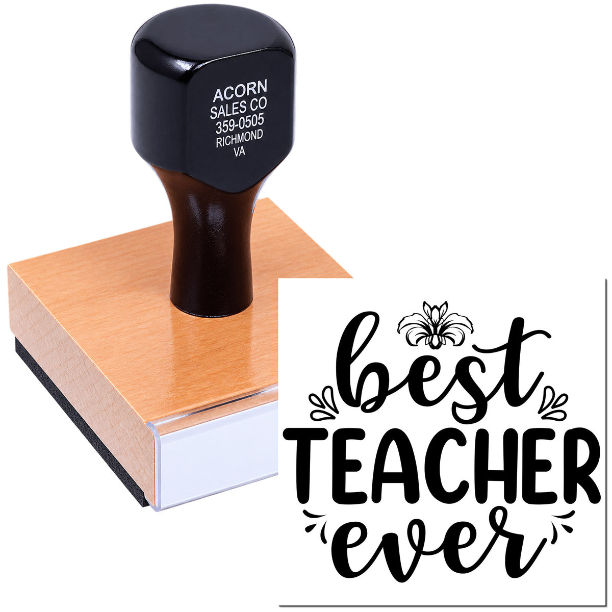 Custom teacher rubber stamp with Best Teacher Ever design for classroom rewards, grading, and teacher appreciation.