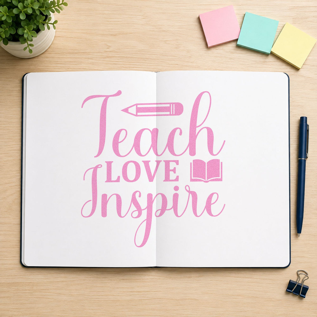 Teach Love Inspire Book craft stamp in purple ink on cardstock, an easy option for reading prize tags.