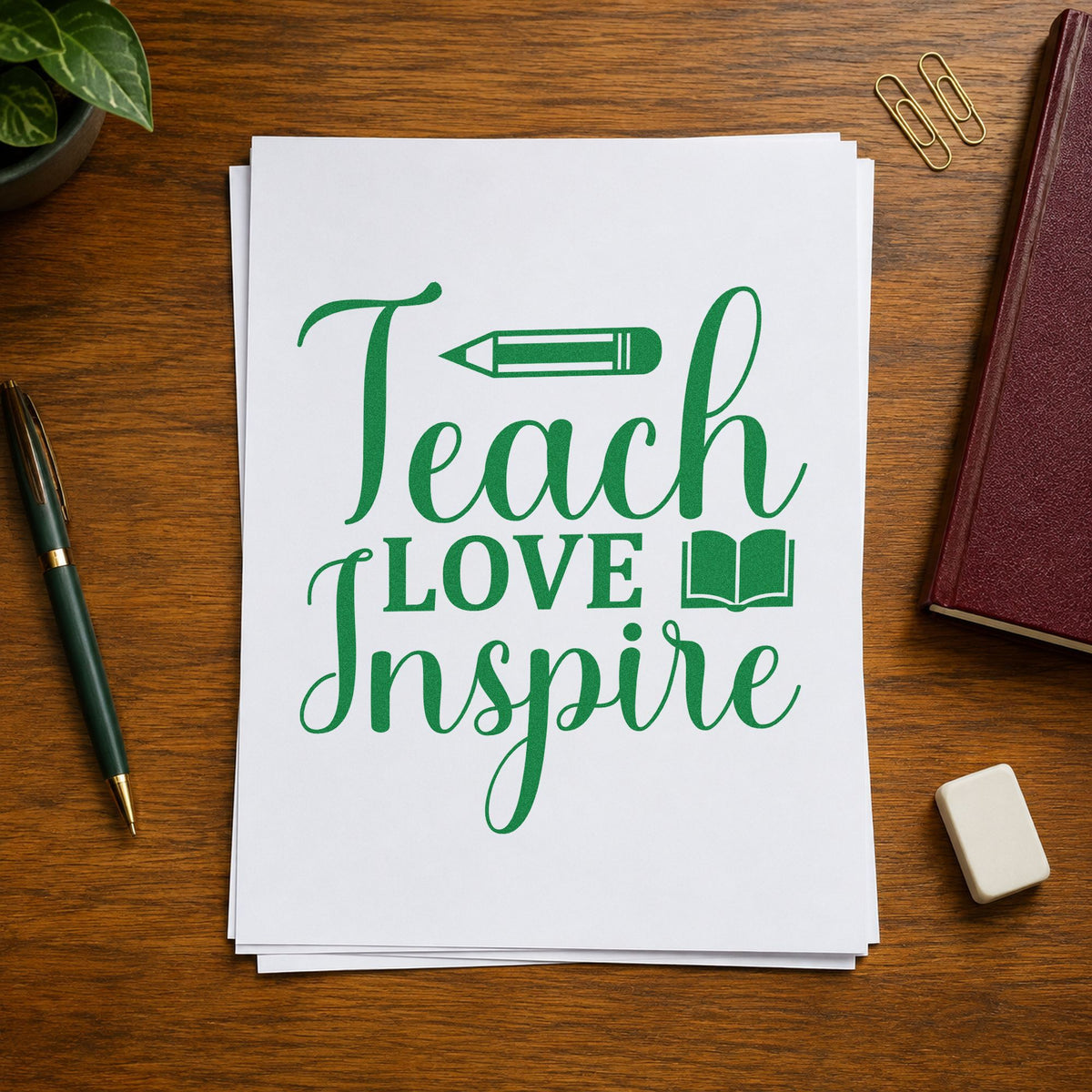 Teach Love Inspire Book craft stamp imprint in green ink on a handmade project, one idea being comprehension pages.