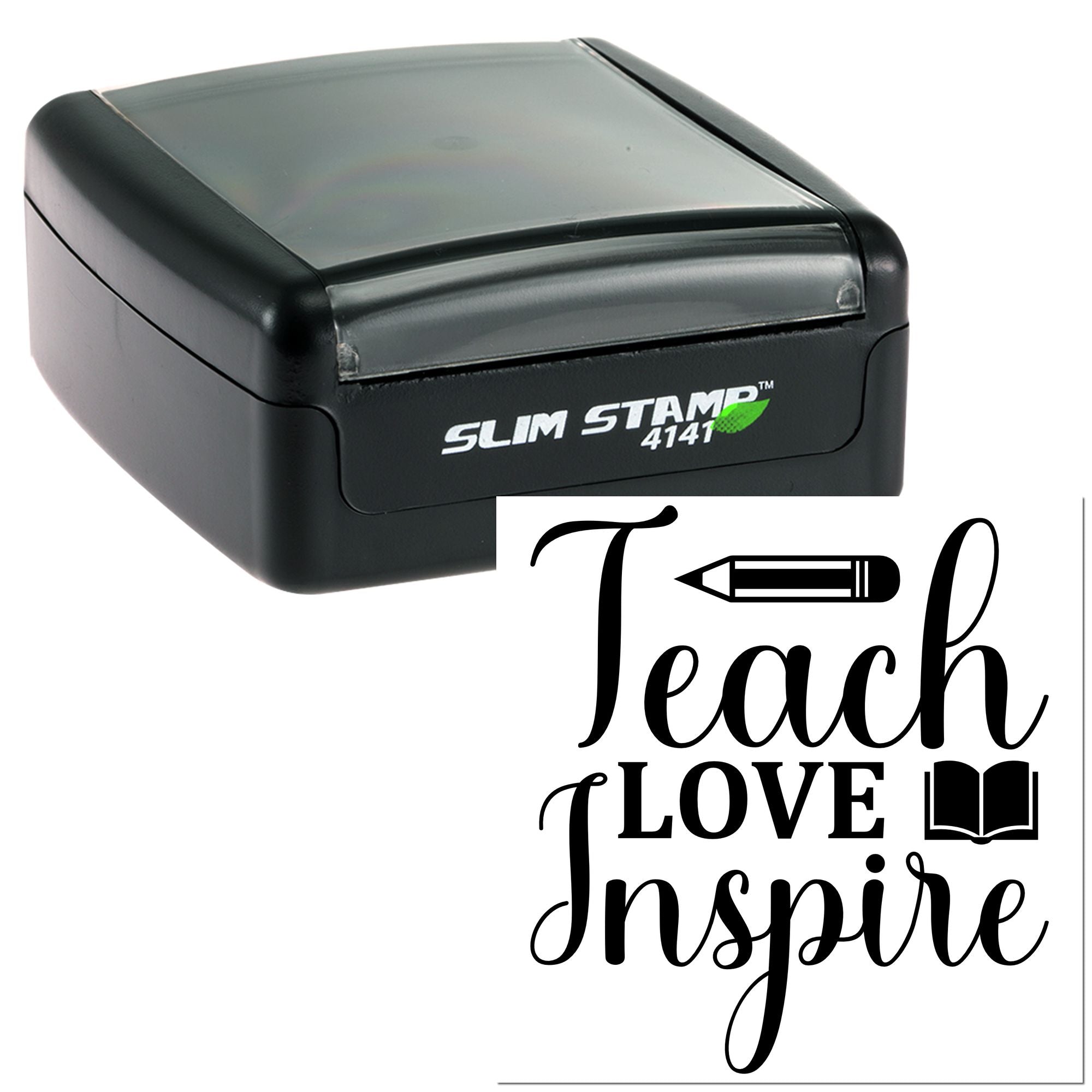 Self-inking Teach Love Inspire teacher rubber stamp with Slim Stamp 4141 case for classroom marking and motivation.