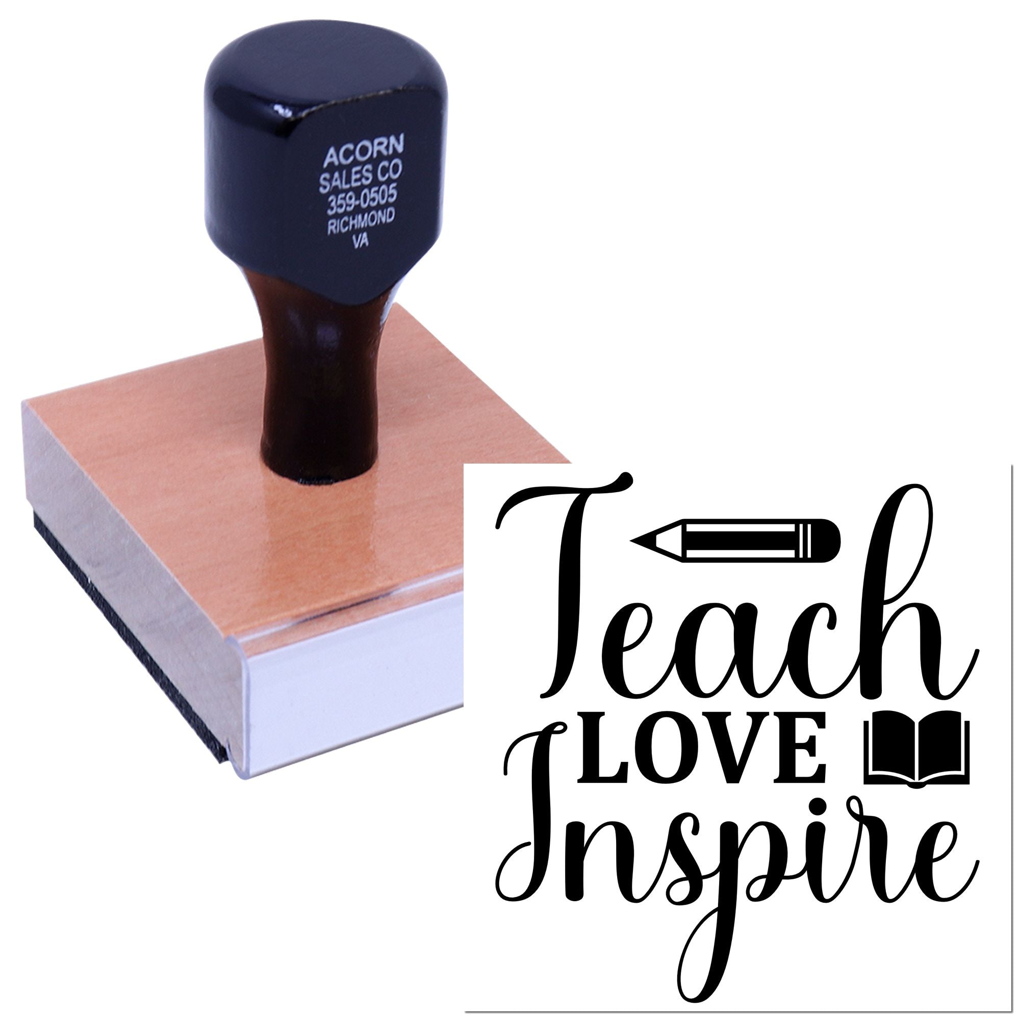 Custom teacher rubber stamp with Teach Love Inspire design and pencil-book icons for classroom use.