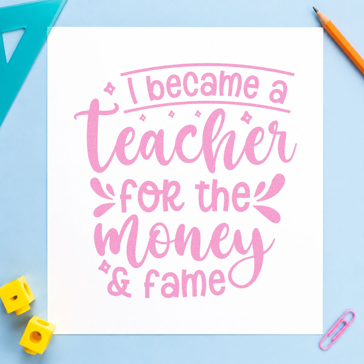 Teacher Money And Fame craft stamp in purple ink on cardstock, an easy option for payday joke tags.