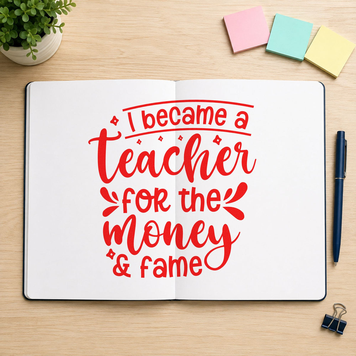 Teacher Money And Fame rubber stamp shown in red ink, stamped for projects such as union ballot notes.